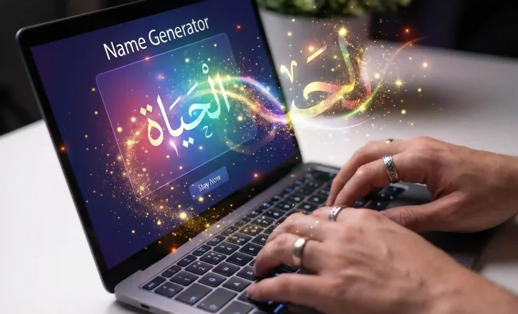 A user using an online tool to generate decorated names easily on a laptop.
