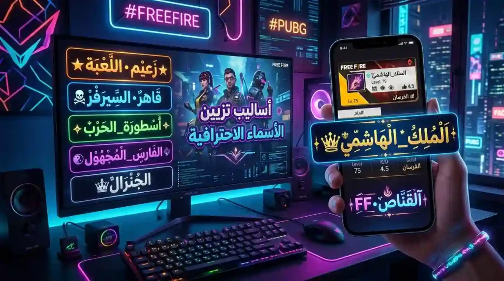 زخرفة اسماء فري فاير بطريقة احترافية وأنيقة 9 زخرفة اسماء عربي بطريقة احترافية مع أشكال مزخرفة ورموز مميزة للألعاب والسوشيال ميديا