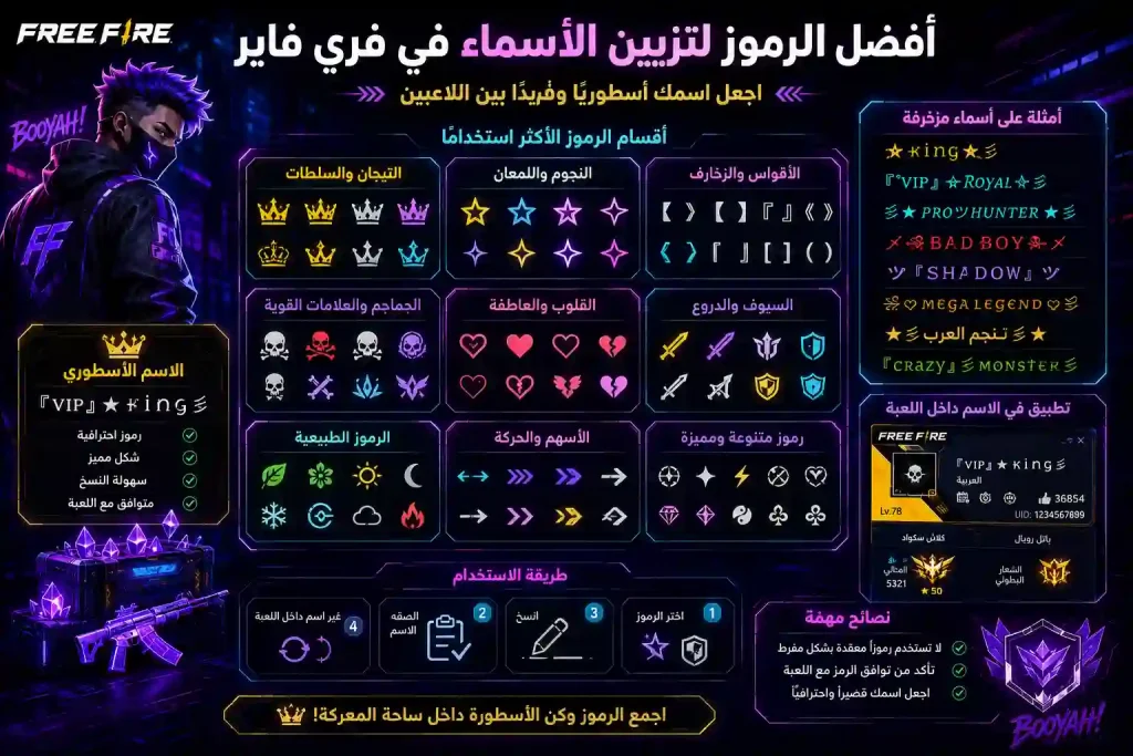 زخرفة اسماء فري فاير بطريقة احترافية وأنيقة 8 أفضل الرموز المستخدمة في زخرفة اسماء فري فاير والأسماء المزخرفة بطريقة احترافية ومميزة
