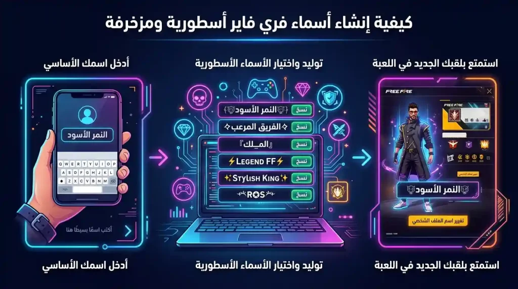 زخرفة اسماء فري فاير اسطورية بطريقة احترافية 4 كيفية إنشاء زخرفة اسماء فري فاير اسطورية باستخدام كتابة مزخرفة ورموز احترافية للألعاب بسهولة وسرعة