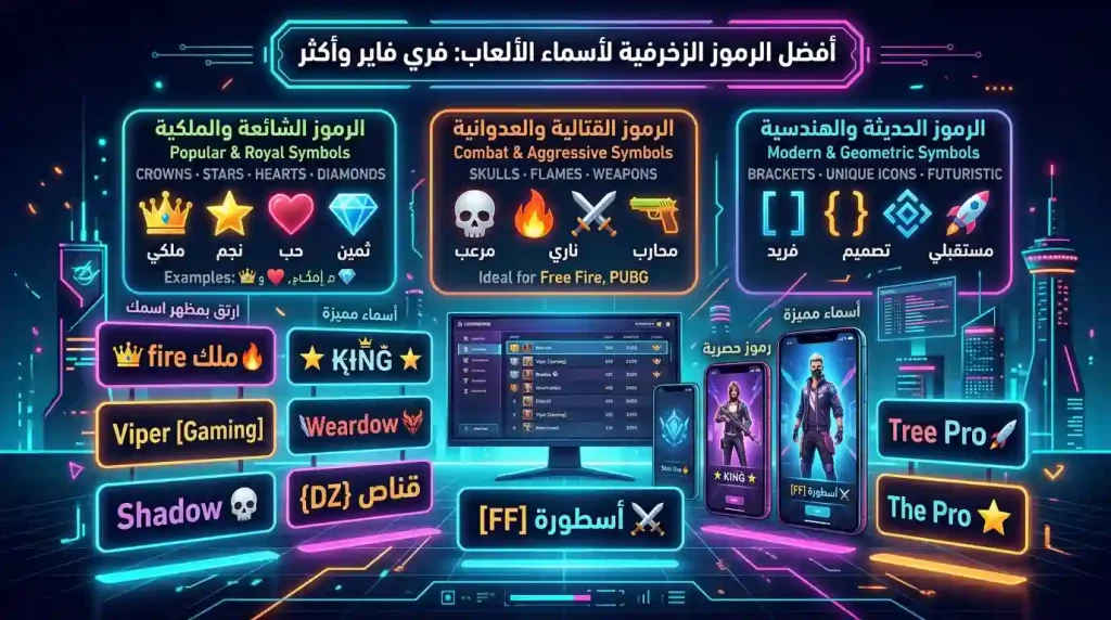 زخرفة اسماء فري فاير اسطورية بطريقة احترافية 5 أفضل رموز الزخرفة للألعاب مع أسماء مزخرفة احترافية ورموز مميزة لفري فاير والألعاب الإلكترونية
